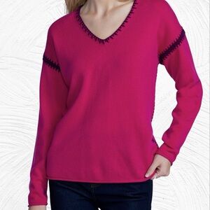 Johnny Was Medium The Whipstitch V-Neck Wool‎ & Cashmere-Blend Pullover Berry